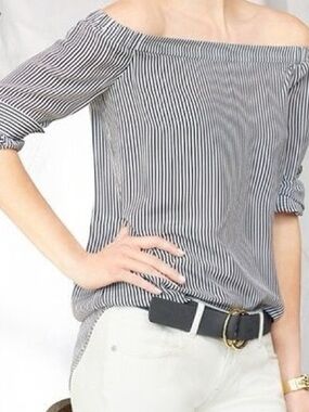 CAbi Bridgette Pinstripe Silk Blouse Convertible On/Off Shoulder Size M Chic